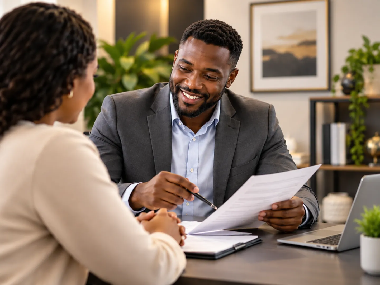 Credit consultant discussing a credit report with a client